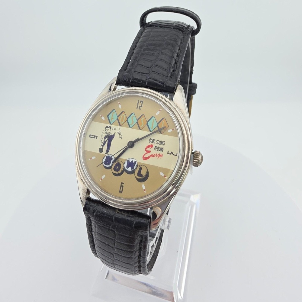 Vtg 1990s FOSSIL Watch Bowling Collector Retro Black Leather Band Silver 8.5"